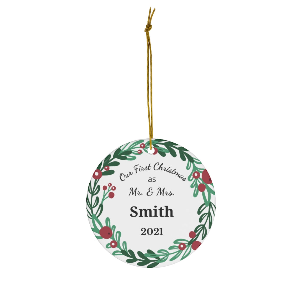 Our First Christmas As Married Personalized Christmas Ornanment Wreath Design