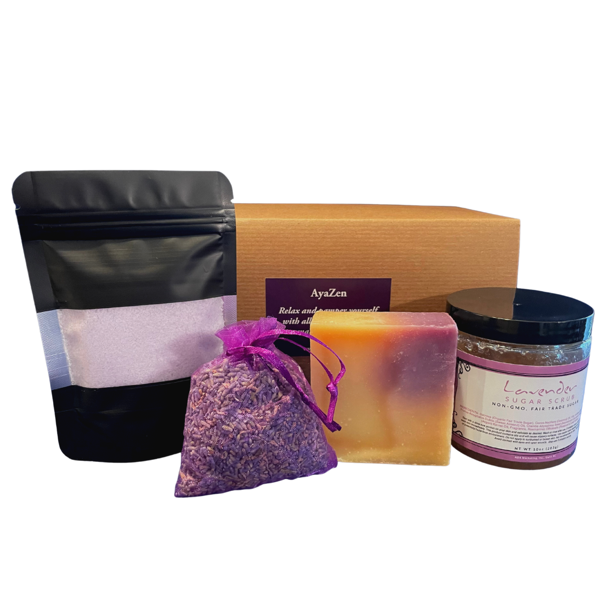 AyaZen Lavender Aromatherapy Bath & Body Spa Gift Set Artisanal Sugar Scrub, Soap, Epsom Salts & Sachet. Made In USA