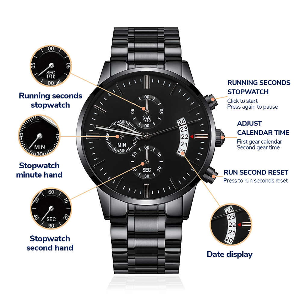 Black Stailnless Steel Cronograph Watch Personalized With Custom Engraving