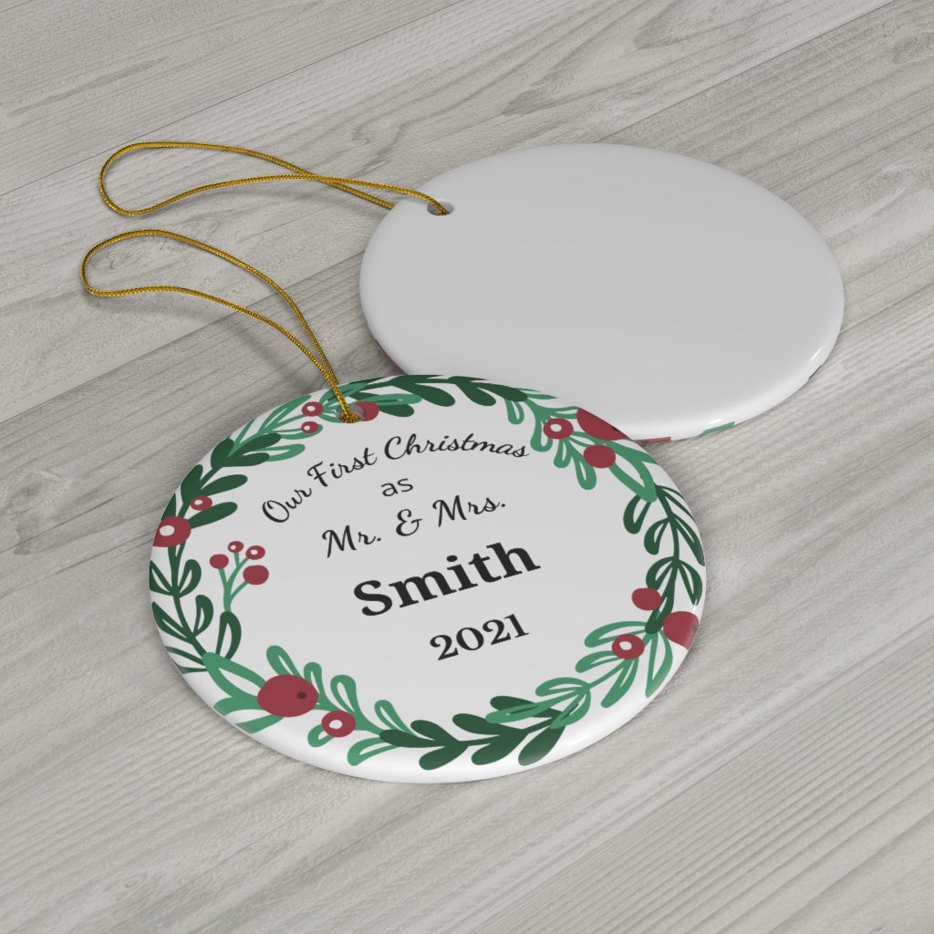 Our First Christmas As Married Personalized Christmas Ornanment Wreath Design