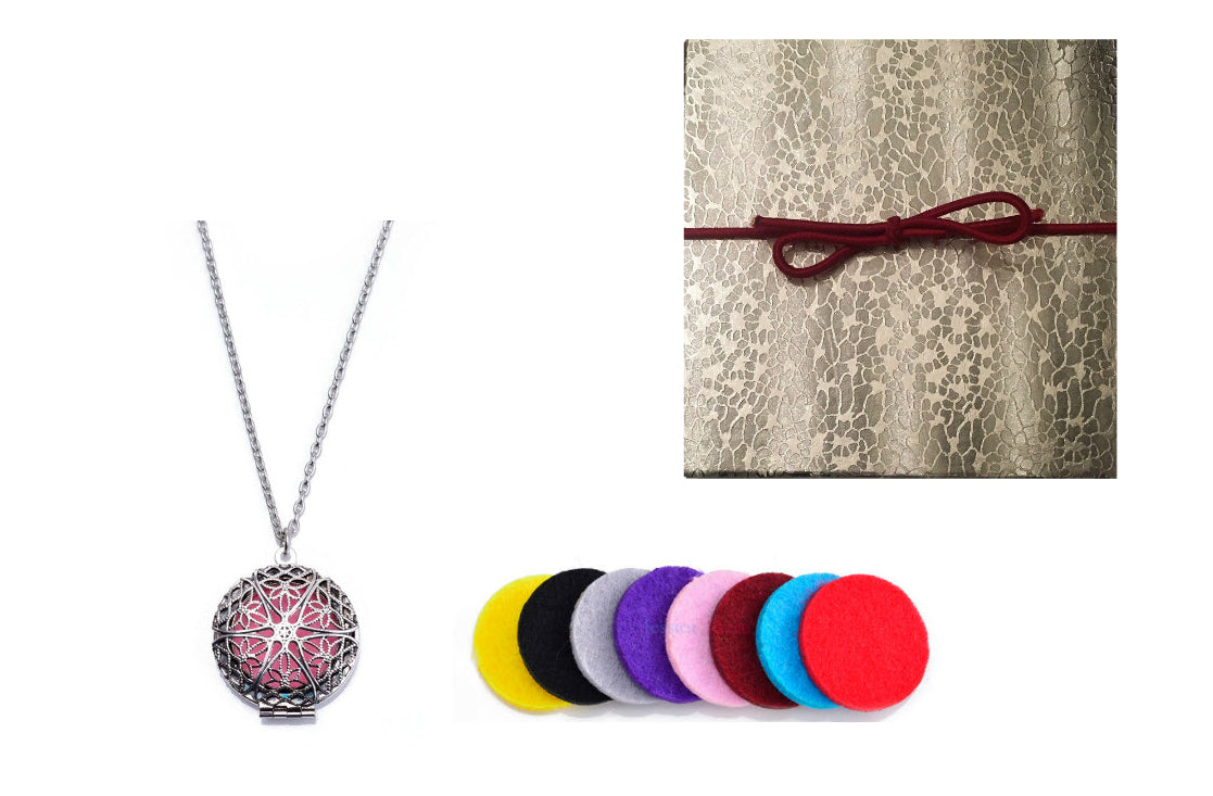 Premium AyaZen Aromatherapy Necklace Diffuser. Silver Filigree Design Locket With Chain & 8 Felt Pads - AyaZen